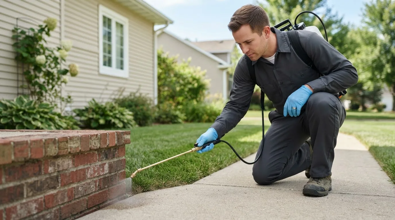 Pest control technician treating a home near Enosburg Falls, VT