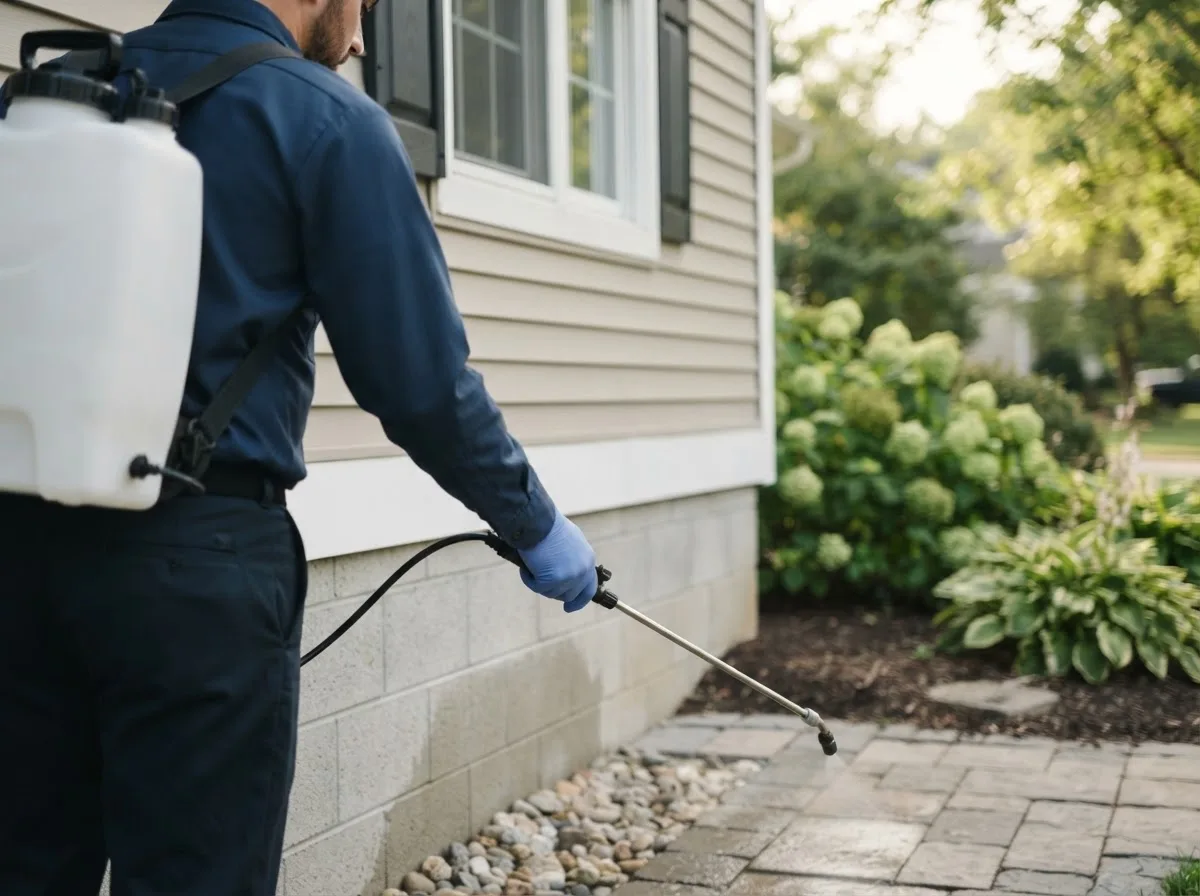 Pest control technician inspecting a home in Enosburg Falls, VT